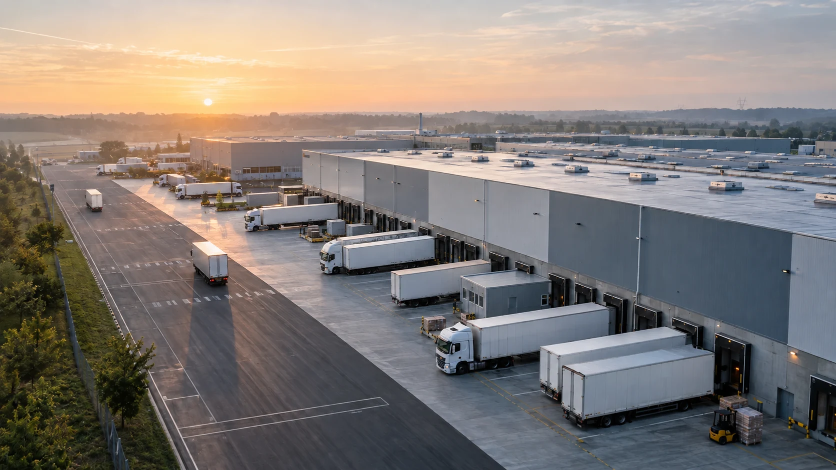 Empty modern distribution centre at sunrise